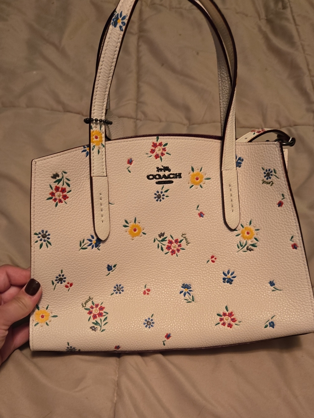 Coach Cream Floral Print Leather Tote with Multicolor Flowers